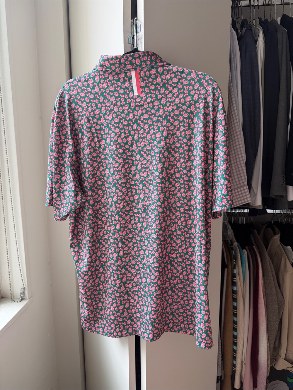 Men's Green Polo Shirt with Pink Floral Print - Rhoback Azalea collection - Picture 3 of 5